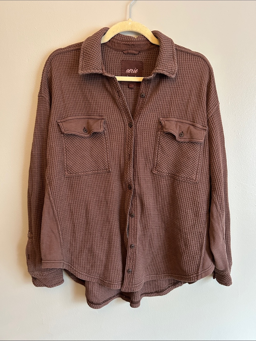 aerie Brown Waffle-Knit Button-Up Shacket Oversized - Women's SZ S